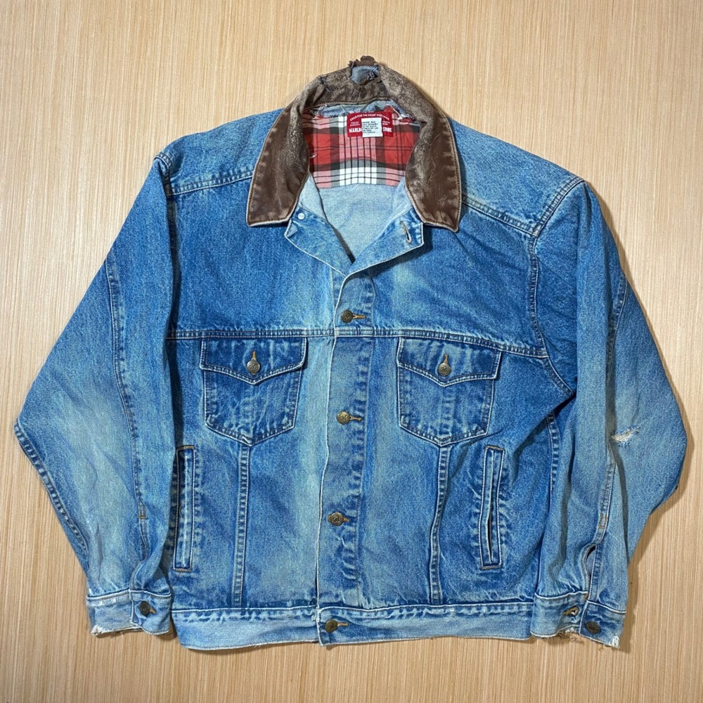 Vintage Marlboro Country Store Denim Jacket Flannel Lined Leather Collar Blue L